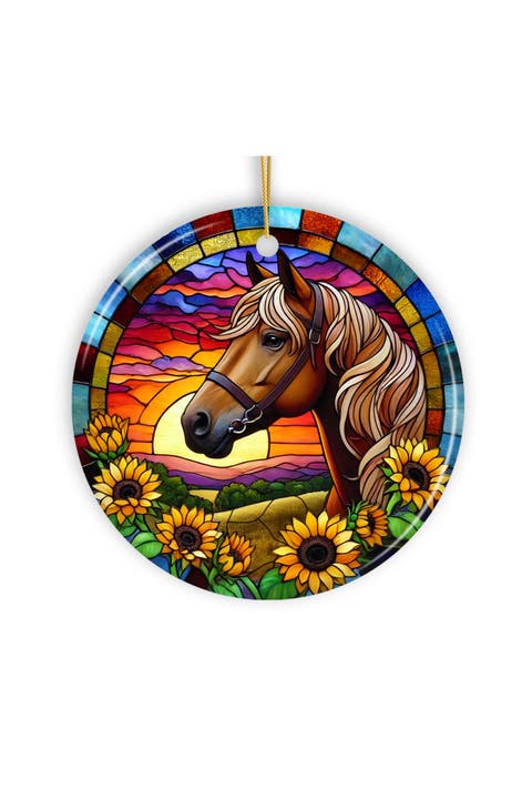 Sunset Horse Sunflowers Stained Glass Style Ornament