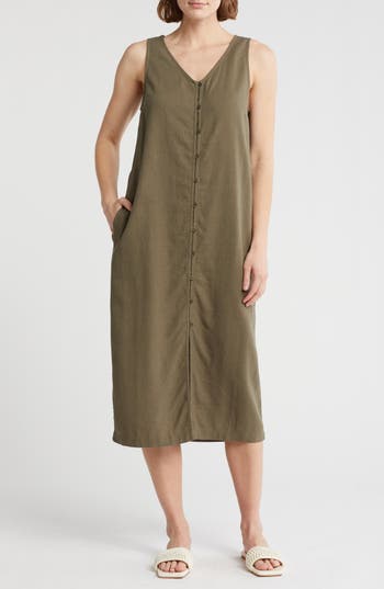 Shop Melrose And Market Button Front Midi Dress In Olive Kalamata