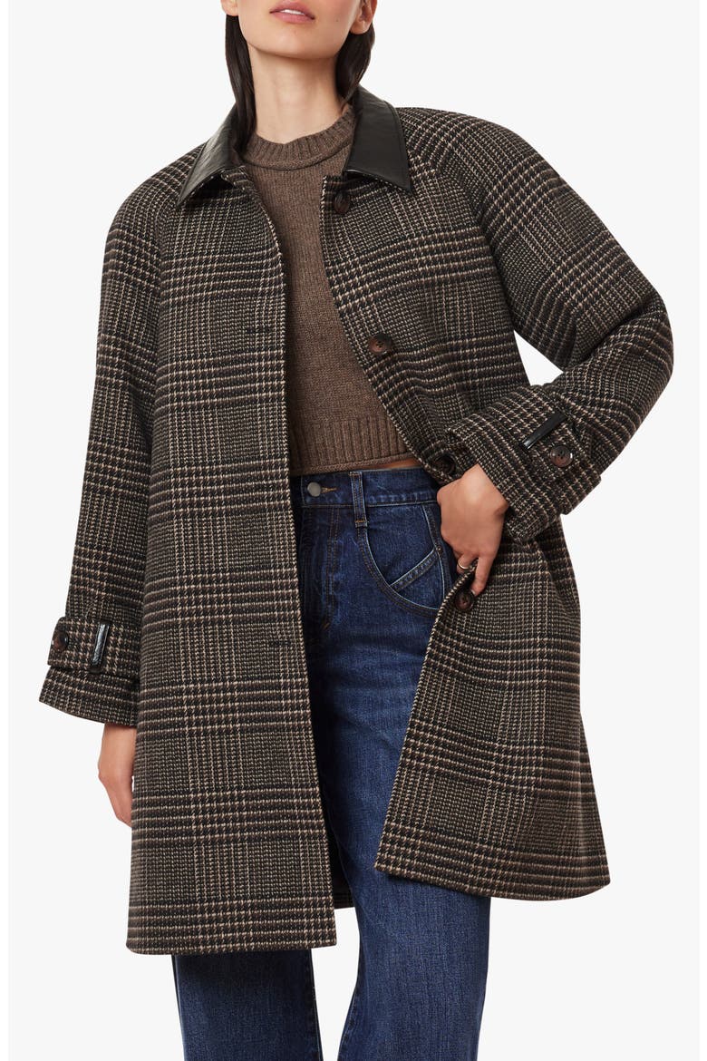 Plaid A-Line Coat with Faux Leather Collar, Main, color, CHOCOLATE PLAID