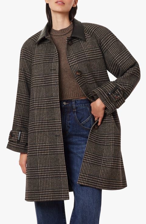 Plaid A-Line Coat with Faux Leather Collar