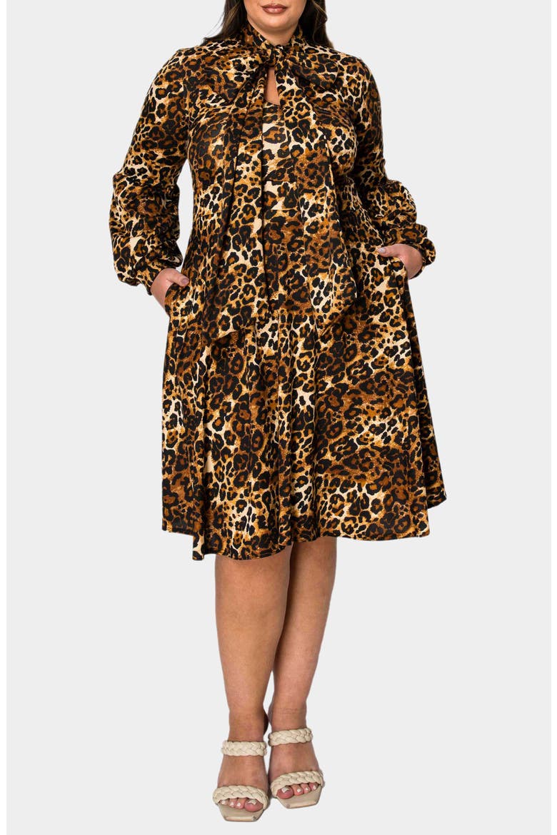 Zayleigh Leopard Print Tie Neck Long Sleeve Dress, Alternate, color, TAUPE