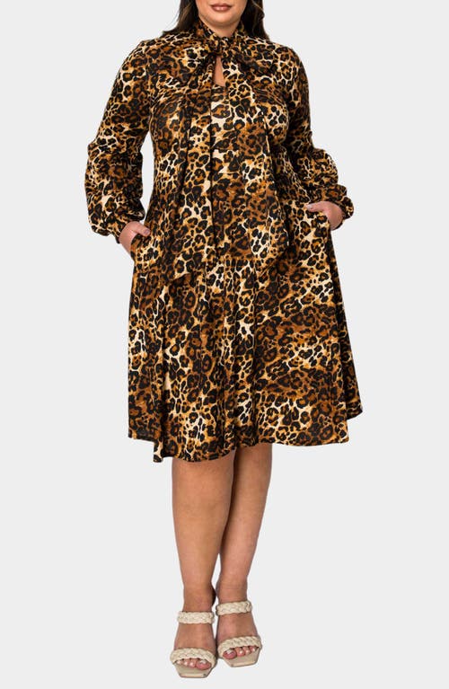 L I V D Zayleigh Leopard Print Tie Neck Long Sleeve Dress In Taupe