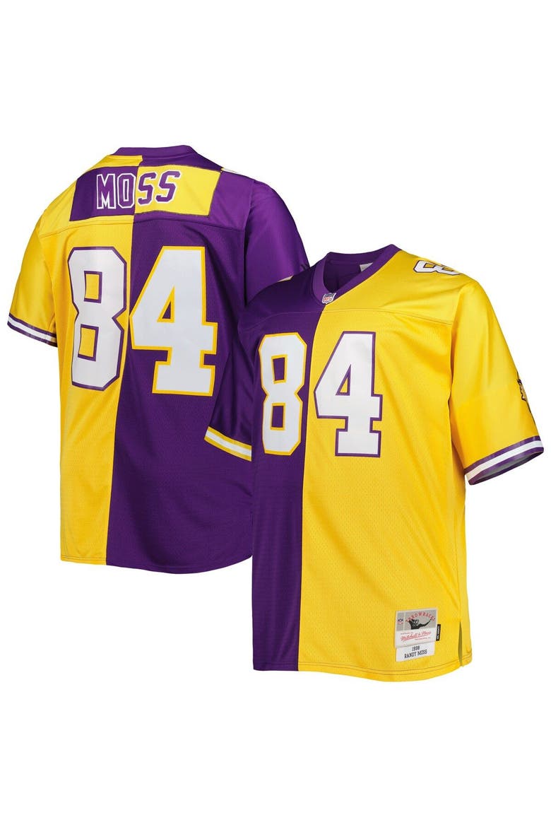 Men's Mitchell & Ness Randy Moss Purple/Gold Minnesota Vikings Big & Tall Split Legacy Retired Player Replica Jersey, Main, color, Purple
