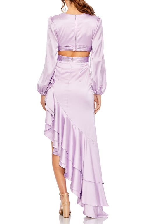 Mac Duggal Plunge Neck Cut Out Asymmetrical Ruffle Gown In Lilac