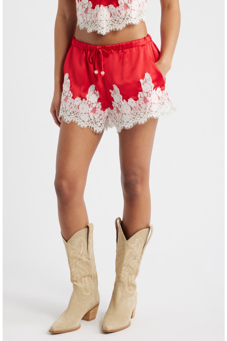 Lace Trim Satin Shorts, Main, color, POPPY RED