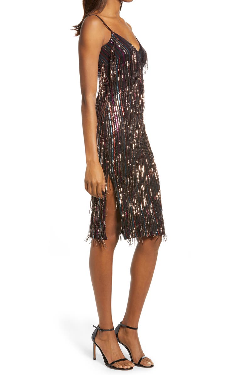 Dress the Population Yvonne Sequin Fringe Midi Dress, Alternate, color, 