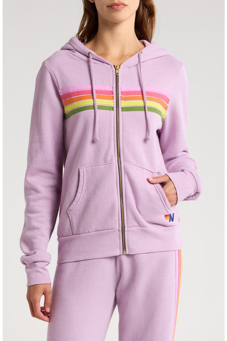 5-Stripe Zip Hoodie, Alternate, color, MAUVE/ PINK GREEN