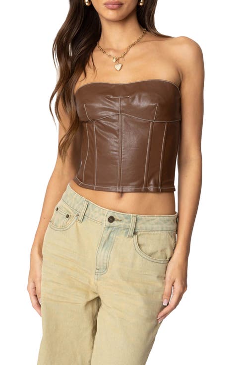 Moss Faux Leather Lace-Up Corset Top