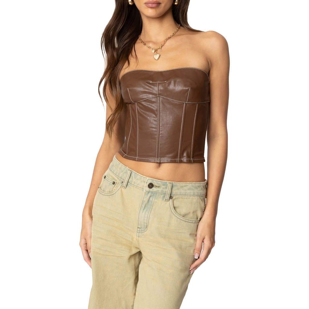 Shop Edikted Moss Faux Leather Lace-up Corset Top In Brown