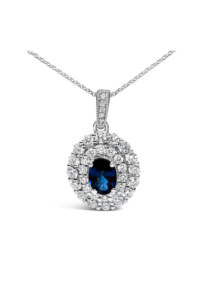 14K White Gold Oval Blue Sapphire and 3/4 Cttw Diamond Halo Pendant Necklace, Alternate, color, White
