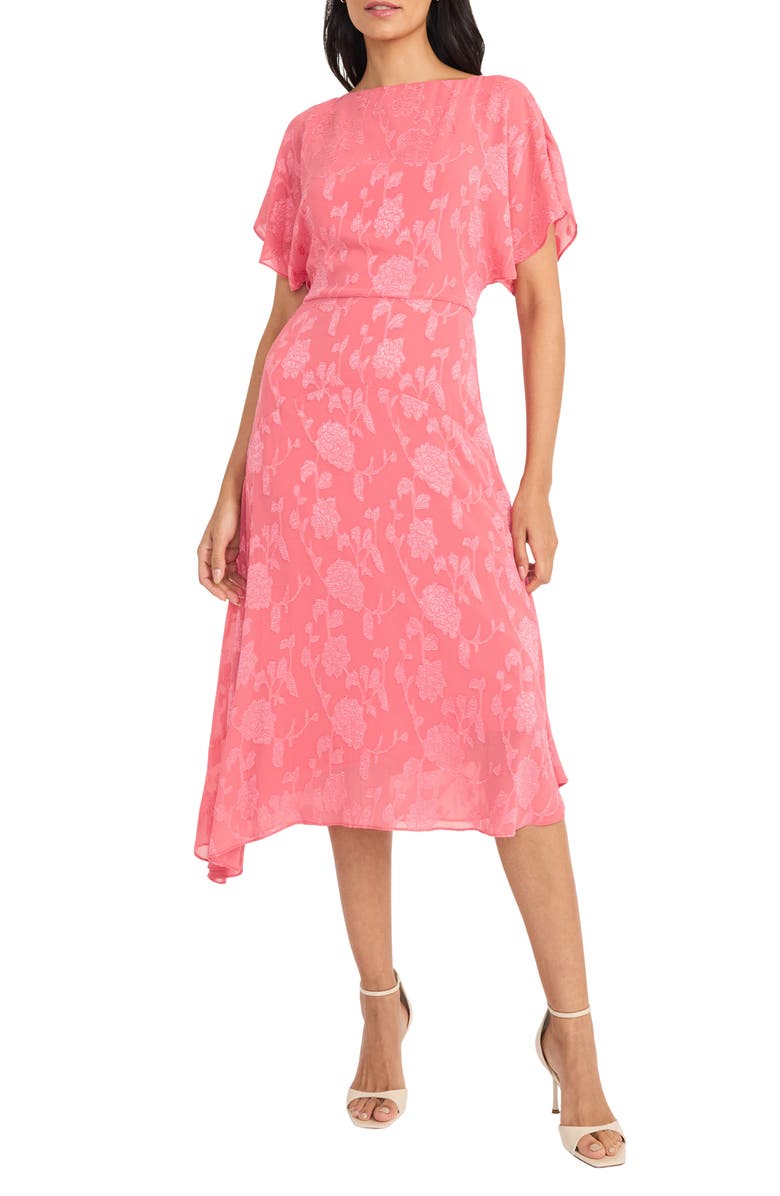 Maggy London Floral Jacquard Asymmetric Midi Dress, Main, color, Rapture Rose