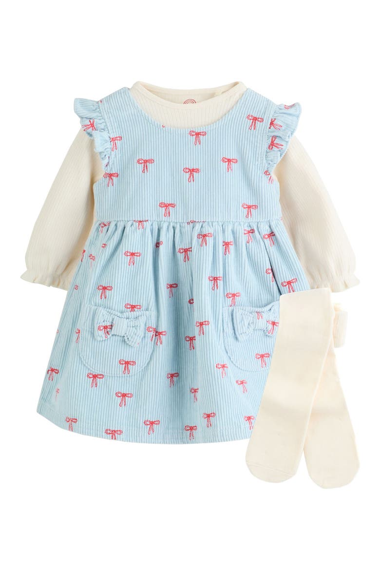 Bow Corduroy Pinafore Dress, Bodysuit & Socks Set, Main, color, BLUE