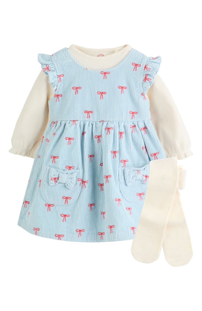 NEXT Bow Corduroy Pinafore Dress, Bodysuit & Socks Set, Main, color, Blue