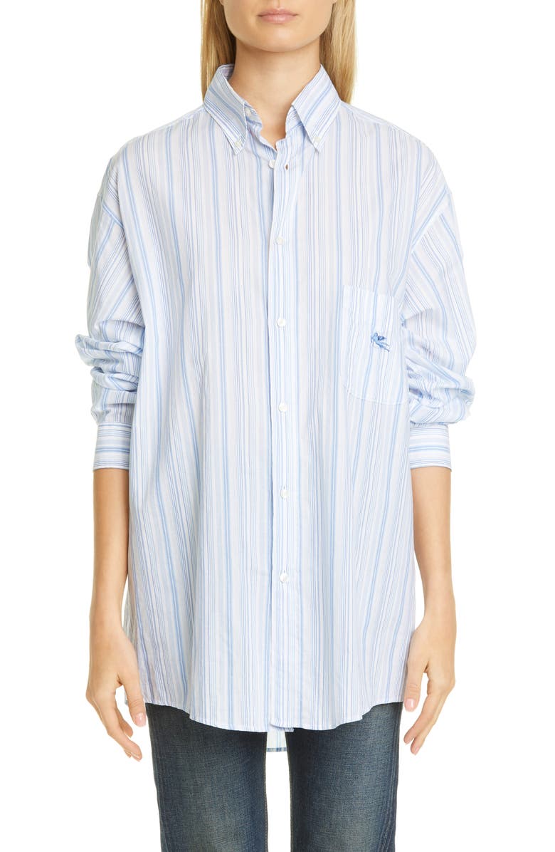 Etro GE01 Embroidered Stripe Cotton Poplin Button-Down Shirt, Main, color, 