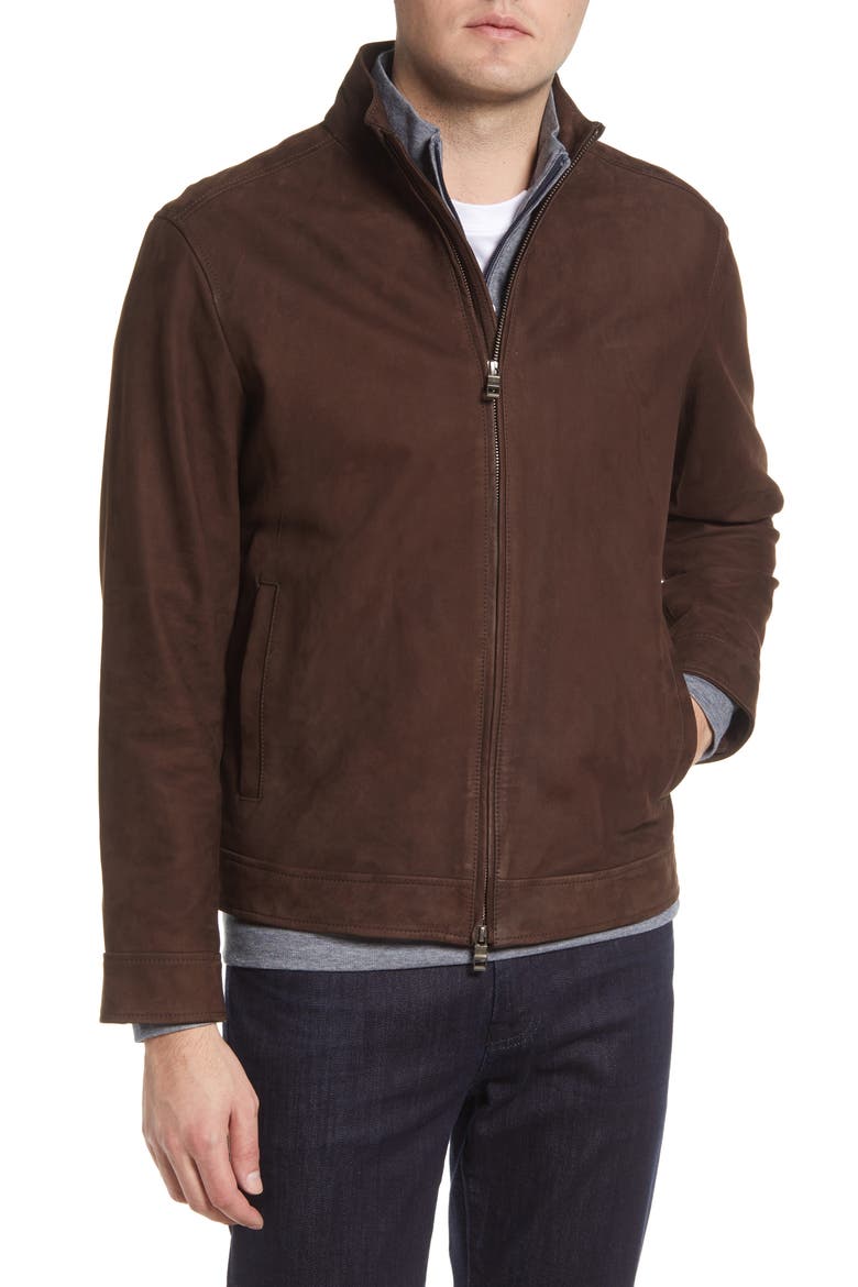Men's Nubuck Leather Bomber Jacket, Alternate, color, CHOCOLATE