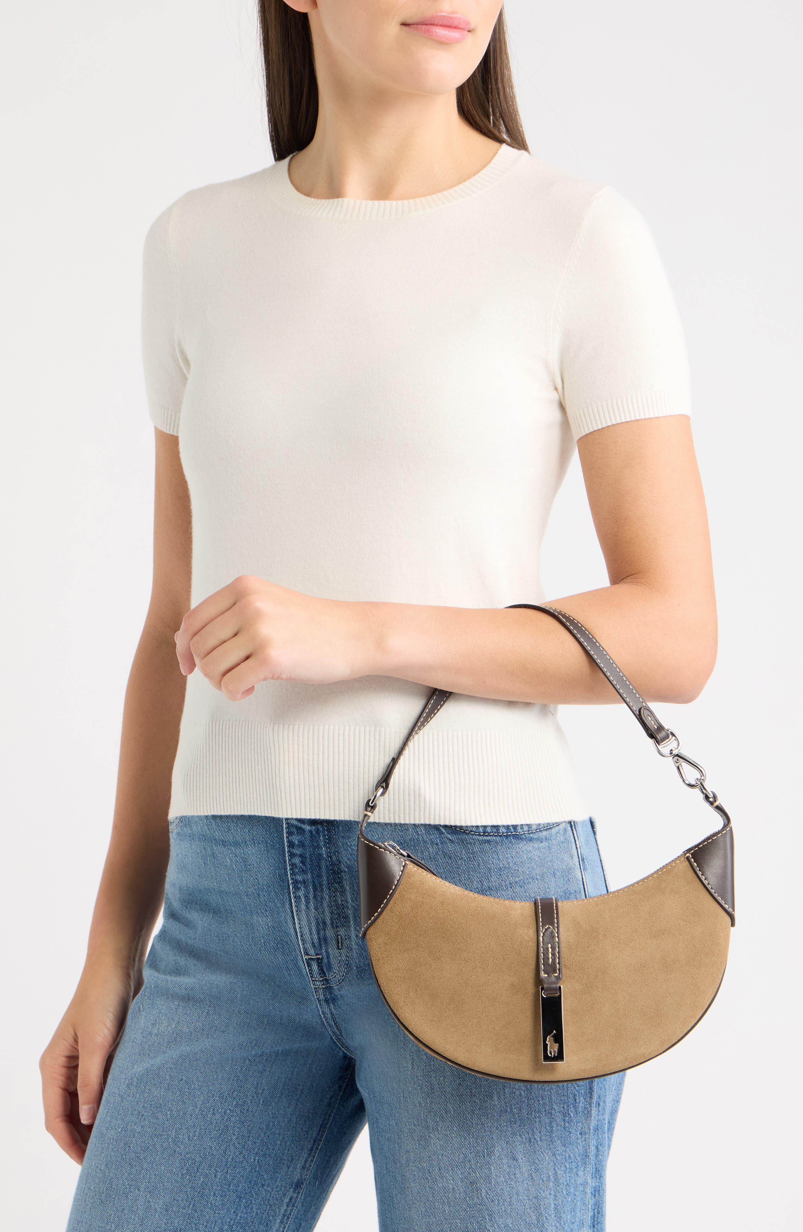 Polo ID Mini Suede & Leather Shoulder Bag, Alternate, color, CINNAMON/ CUOIO