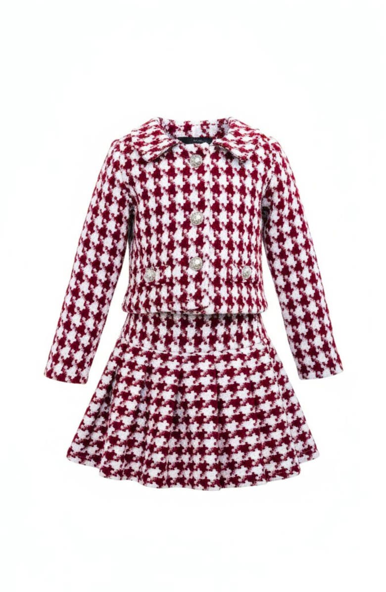 Mia Belle Girls Cute Festive Jacket and Pleated Skirt Set, Main, color, Burgundy