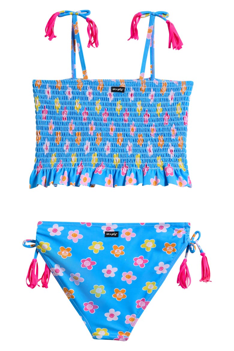 Kids' Floral Ruffle Smocked Two-Piece Swimsuit, Alternate, color, BLUE