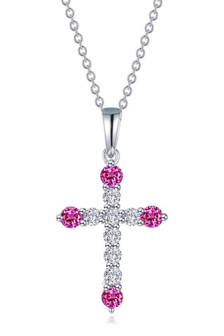 Simulated Semiprecious Birthstone Cross Necklace, Main, color, PINK TOURMALINE