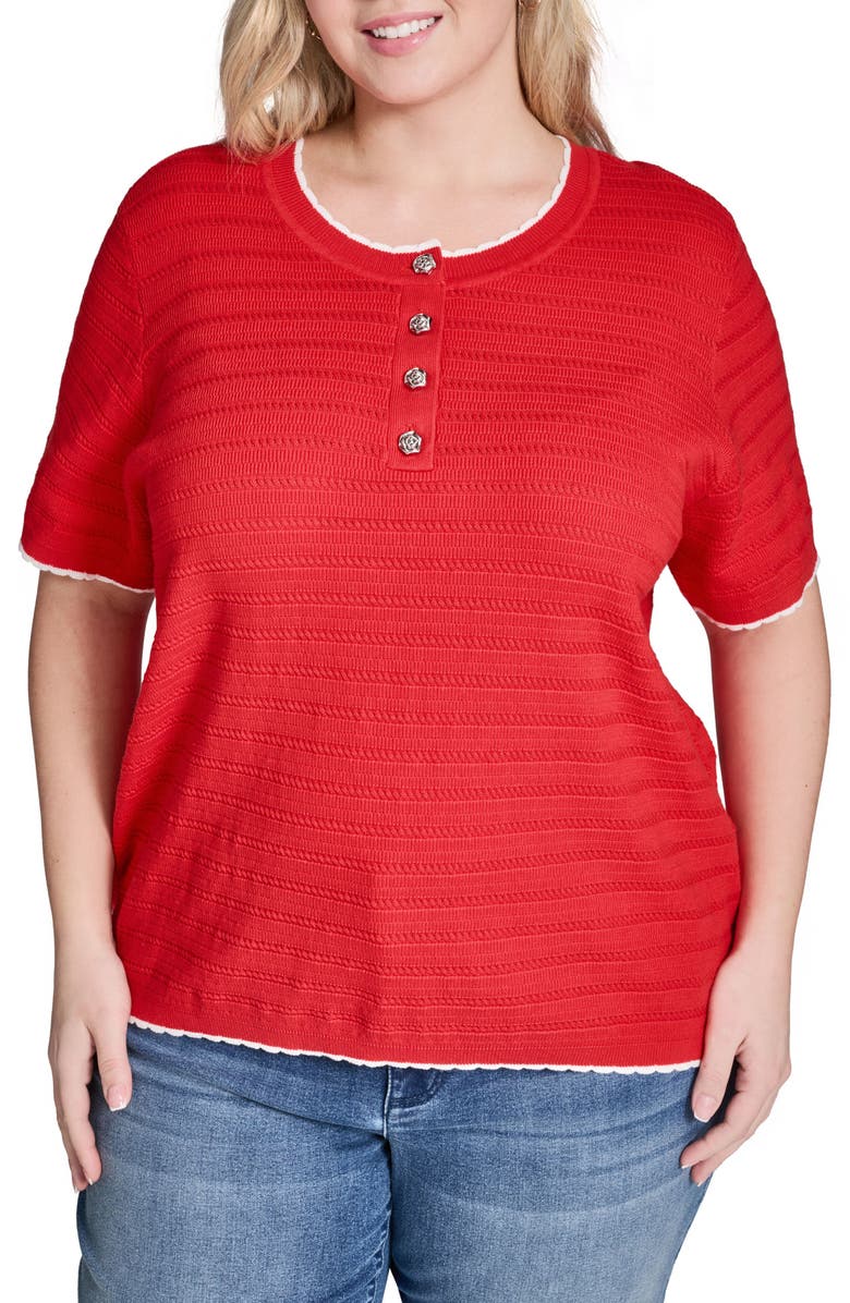 KARL LAGERFELD PARIS Short Sleeve Cotton Blend Sweater, Main, color, Apple Red/ Soft White