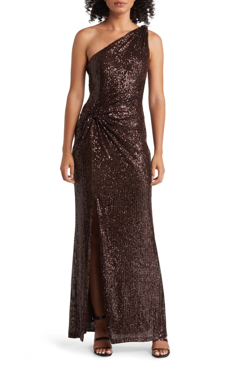 Sequin One-Shoulder Sheath Gown, Main, color, CHOCOLATE
