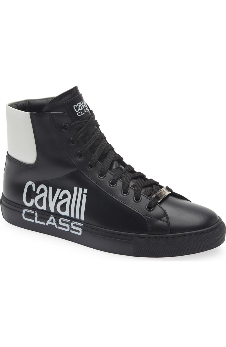 Roberto Cavalli Logo High Top Sneaker, Main, color, Black