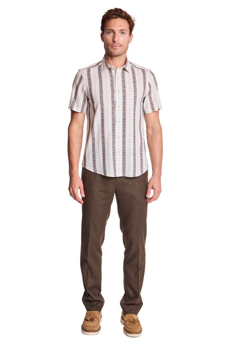 Sawyer Short Sleeve Linen Blend Button-Up Shirt, Alternate, color, TAN BROWN STRIPES
