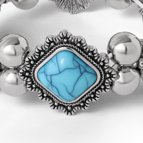 Jessica Simpson Turquoise And Silver Stretch Bracelet With Western Motif In Blue