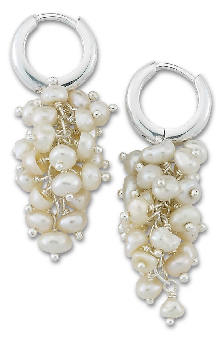 SAMUEL B. Sterling Silver Pearl Cluster Drop Huggie Hoop Earrings, Main, color, Silver/ Pearl