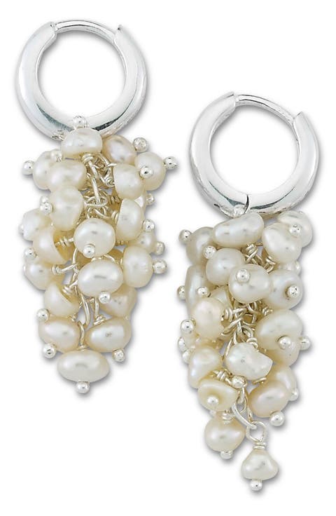 Sterling Silver Pearl Cluster Drop Huggie Hoop Earrings