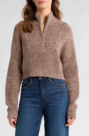 Staud Hampton Half Zip Crop Sweater In Mocha Melange