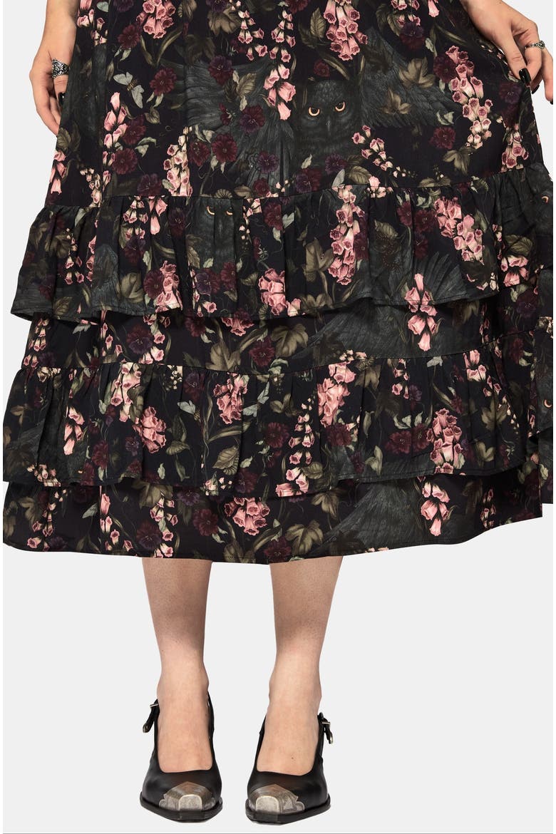 Noctua Owl Foxglove Tiered Midaxi Dress, Alternate, color, Black