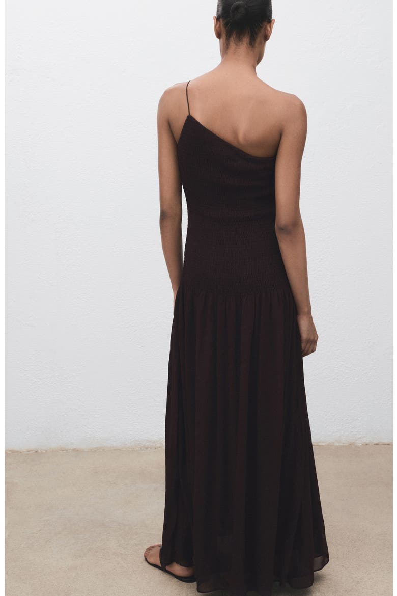 Asymmetric Smocked One-Shoulder Midi Dress, Alternate, color, CHOCOLATE