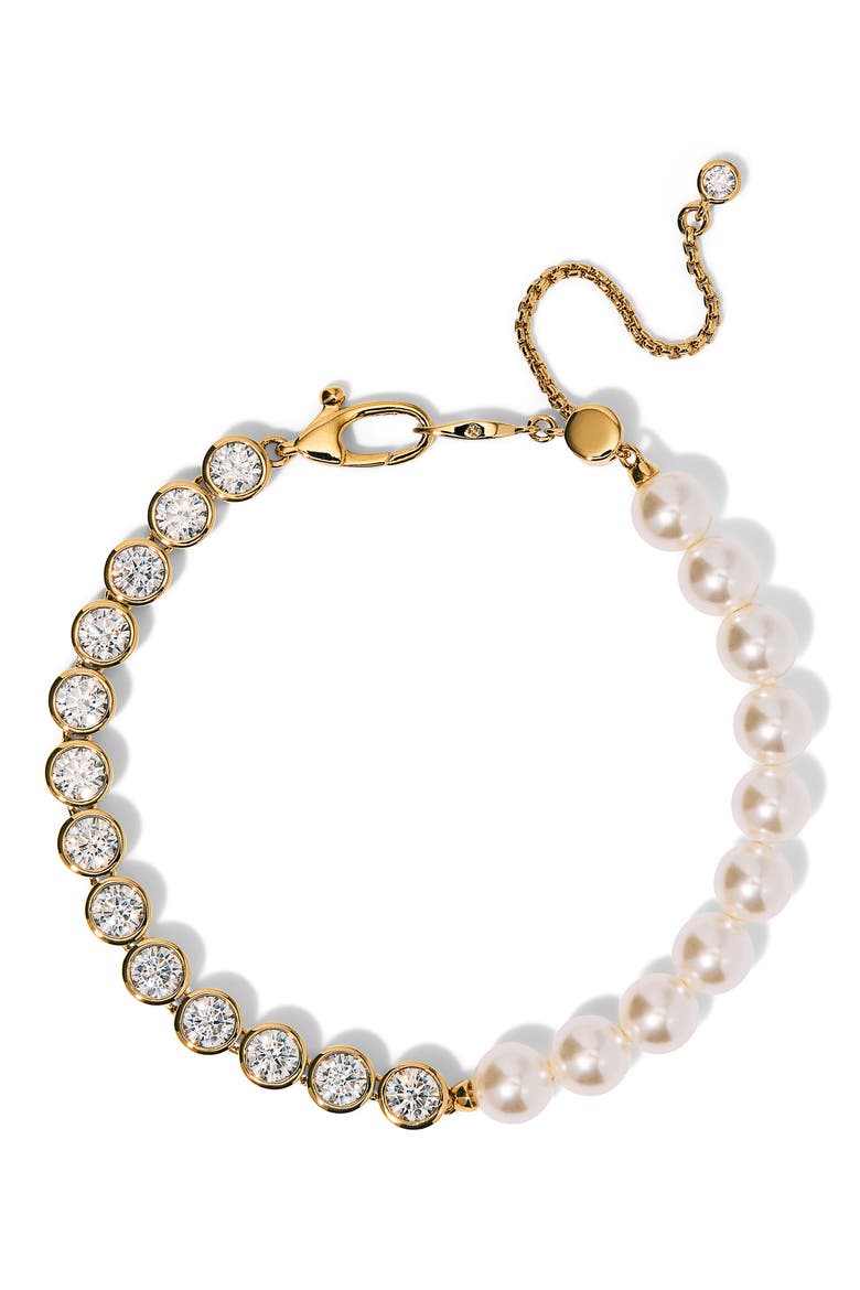 Imitation Pearl & Cubic Zirconia Adjustable Bracelet, Main, color, GOLD