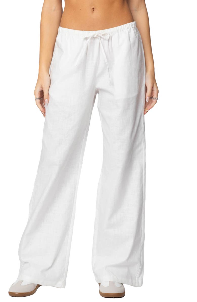 EDIKTED Alexa Low Rise Drawstring Linen Blend Pants, Main, color, White