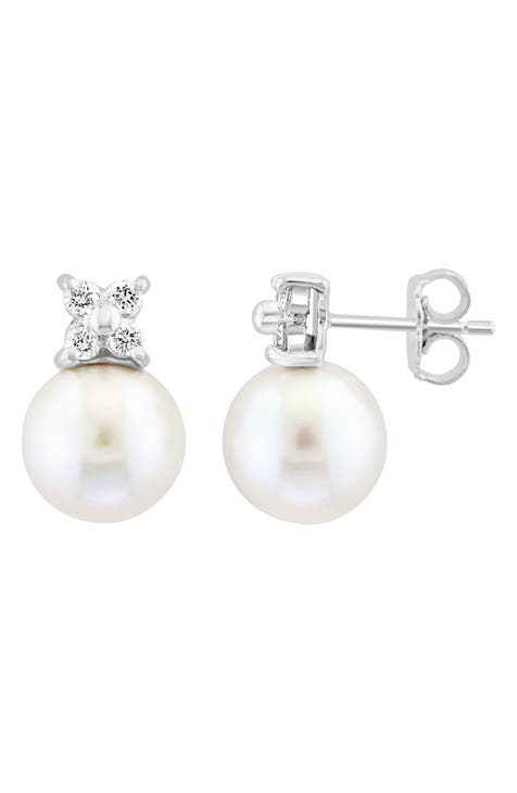 14K White Gold Diamond & Cultured Pearl Stud Earrings