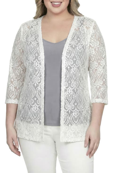 Sequin Lace Open Front Cardigan (Plus)