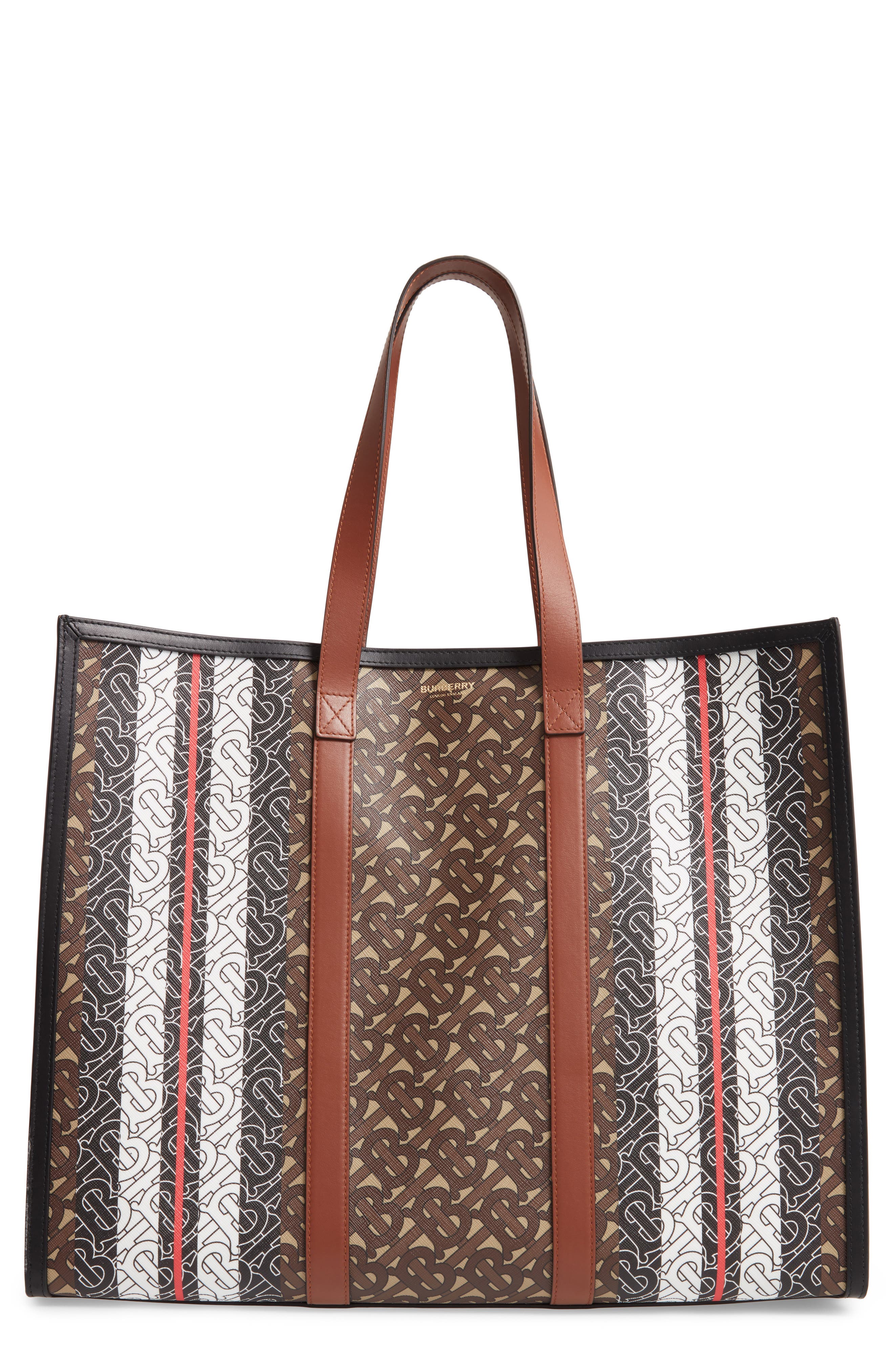 Burberry Medium Monogram Stripe E-Canvas Tote, Main, color, 