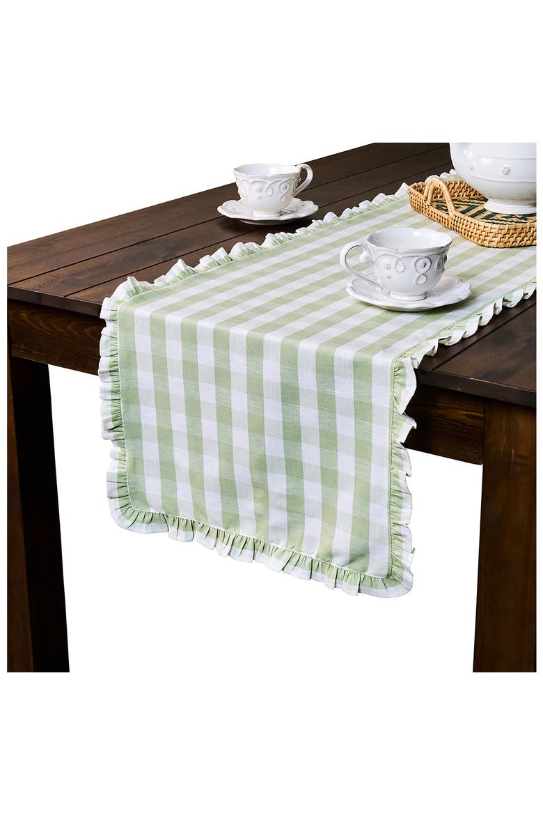 Gingham Ruffle Cotton & Linen Table Runner, Alternate, color, SEAGRASS