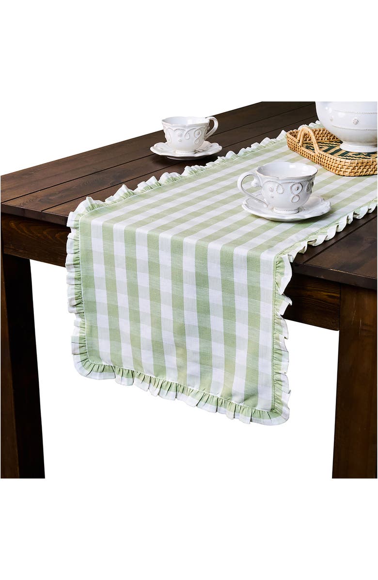 Juliska Gingham Ruffle Cotton & Linen Table Runner, Alternate, color, Seagrass