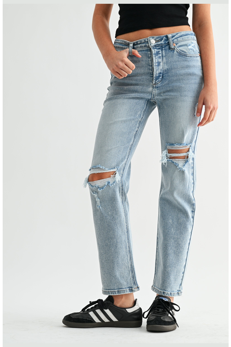 Mia High Rise Destructed Slim Straight Jeans, Main, color, Light Wash Blue