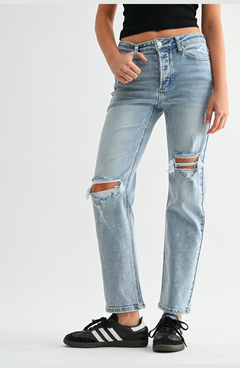Mia High Rise Destructed Slim Straight Jeans