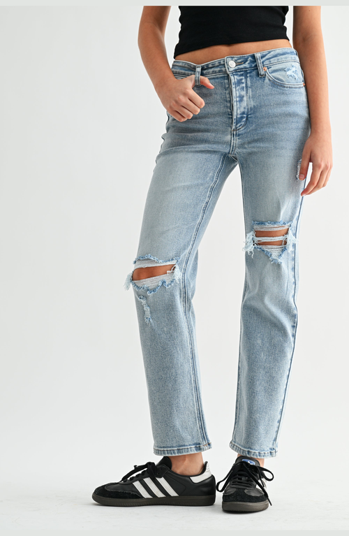 Jemina Denim Mia High Rise Destructed Slim Straight Jeans In Blue