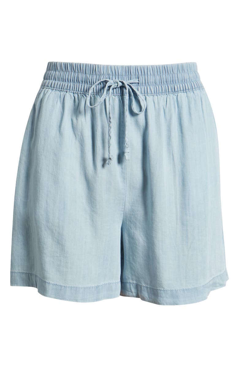 beachlunchlounge Toney Tie Waist Chambray Shorts, Alternate, color, Bleach Wash