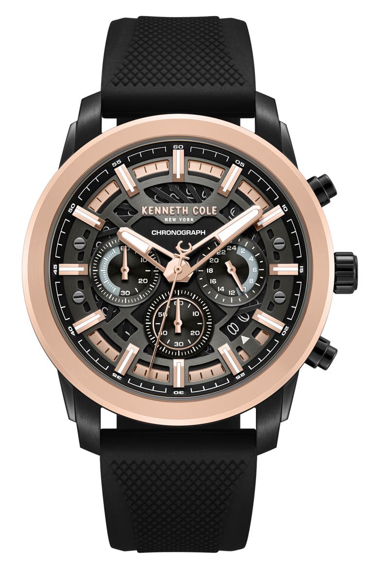 Sport Chronograph Silicone Strap Watch, 44mm, Main, color, BLACK