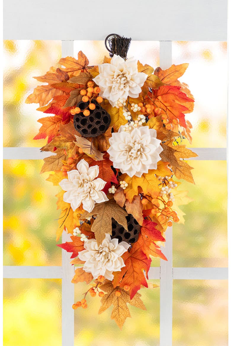 28"H Fall Dahlia Lotus Pod and Berry Teardrop, Alternate, color, Orange