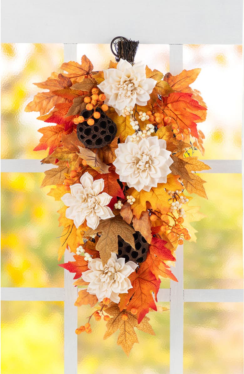 Glitzhome 28"H Fall Dahlia Lotus Pod and Berry Teardrop, Alternate, color, Orange