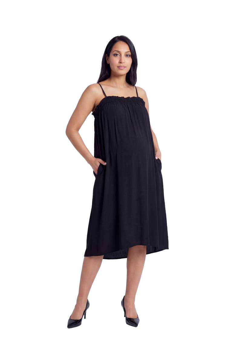 24seven Comfort Apparel Maternity Essential Spaghetti Strap Smocked Pocket A-Line Maxi Dress, Main, color, Black