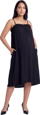 24seven Comfort Apparel Maternity Essential Spaghetti Strap Smocked Pocket A-Line Maxi Dress