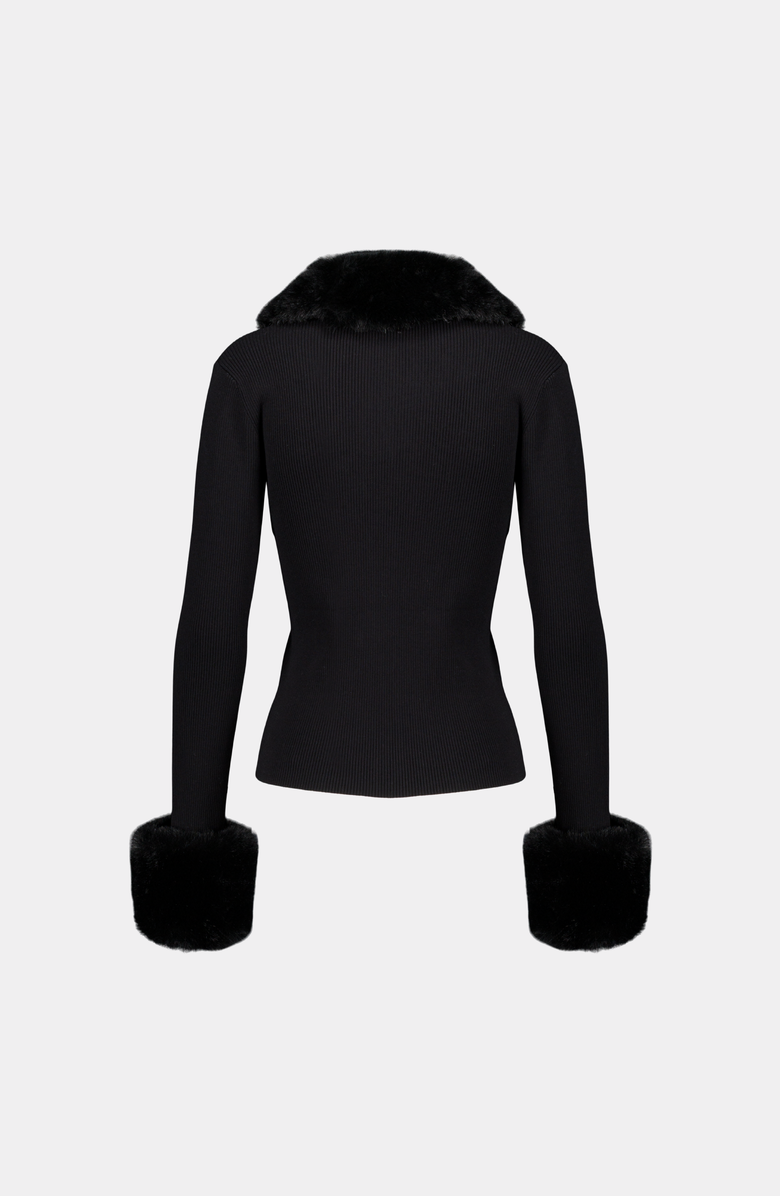 SAEMDI Faux Fur Trim Cardigan, Alternate, color, Black